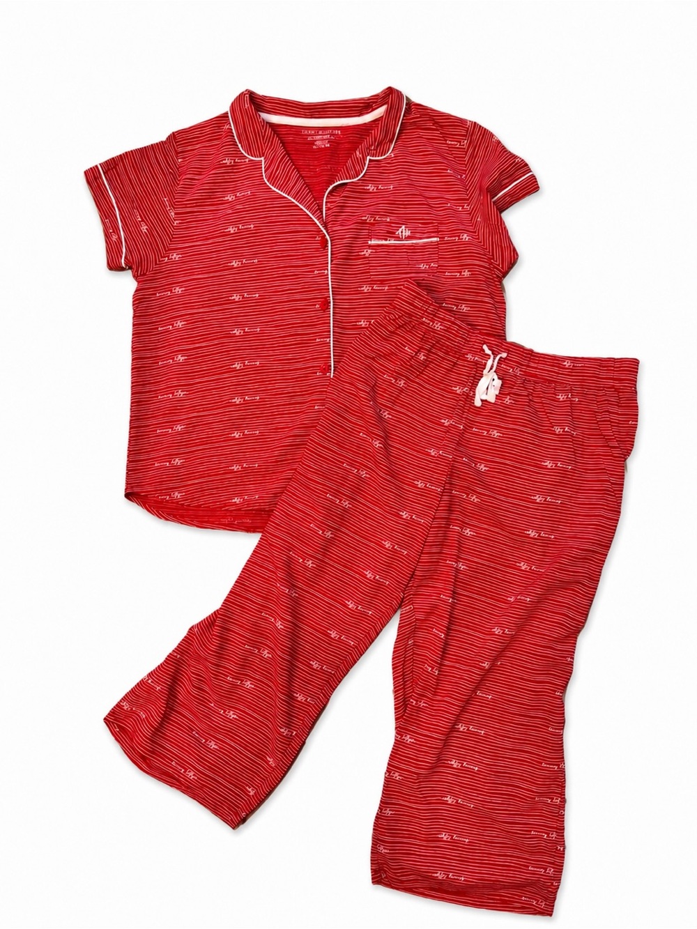 Tommy Hilfiger Pajama Set XL 100% Viscose Red Stripe Logo Capri Sleepwear